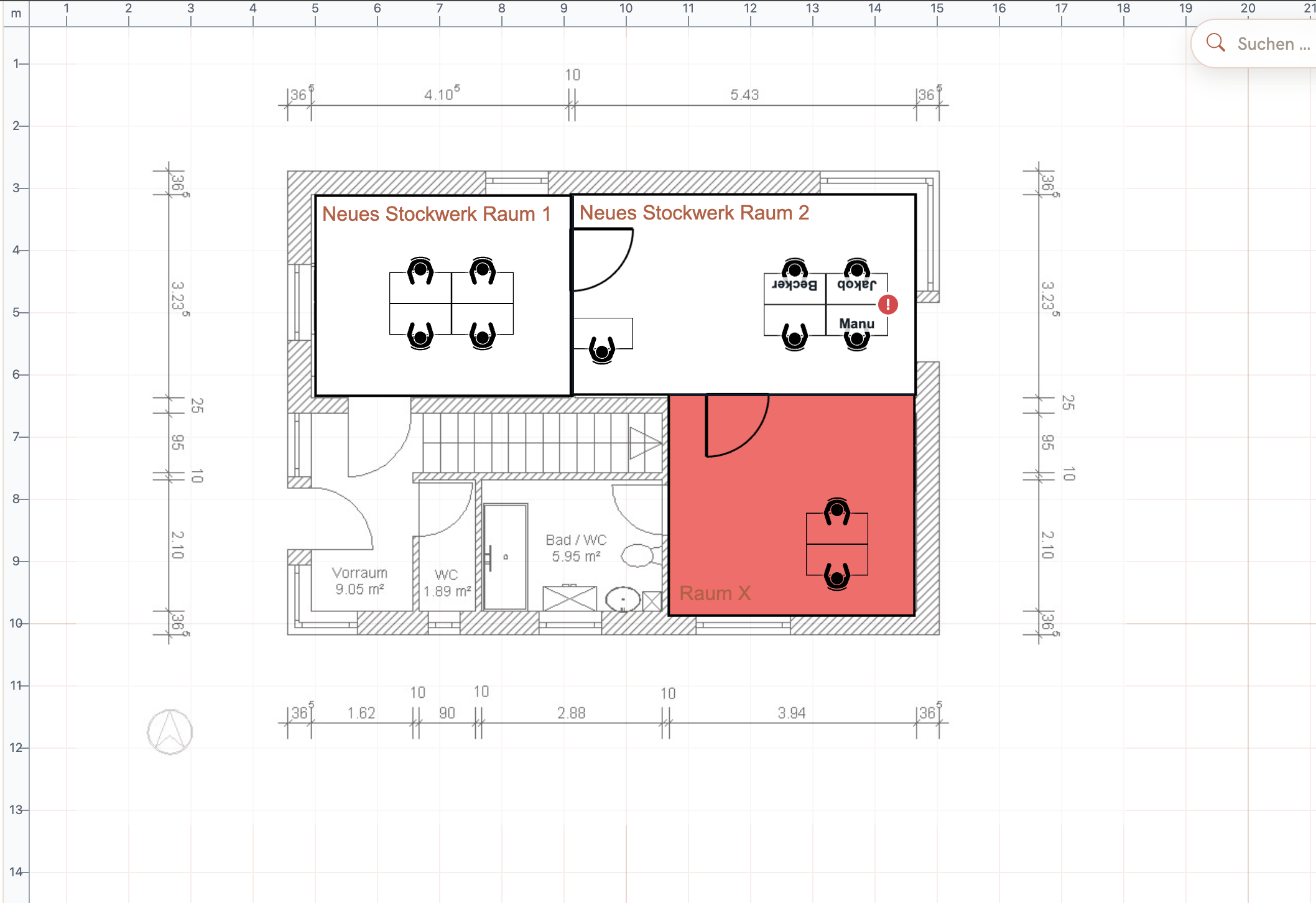 Sitzplan-Editor von WerSitztWo? mit hochgeladenem Gebäude-Grundriss als Hintergrund, mehreren gezeichneten Räumen, platzierten Arbeitsplätzen, zugewiesenen Mitarbeitenden und rotem Defekt-Marker